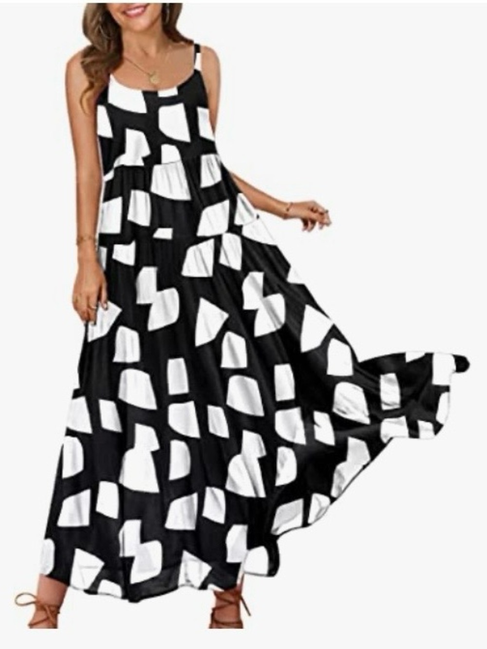 YESNO Black & White Abstract Maxi Dress with Pockets 100% Cotton Size 3X